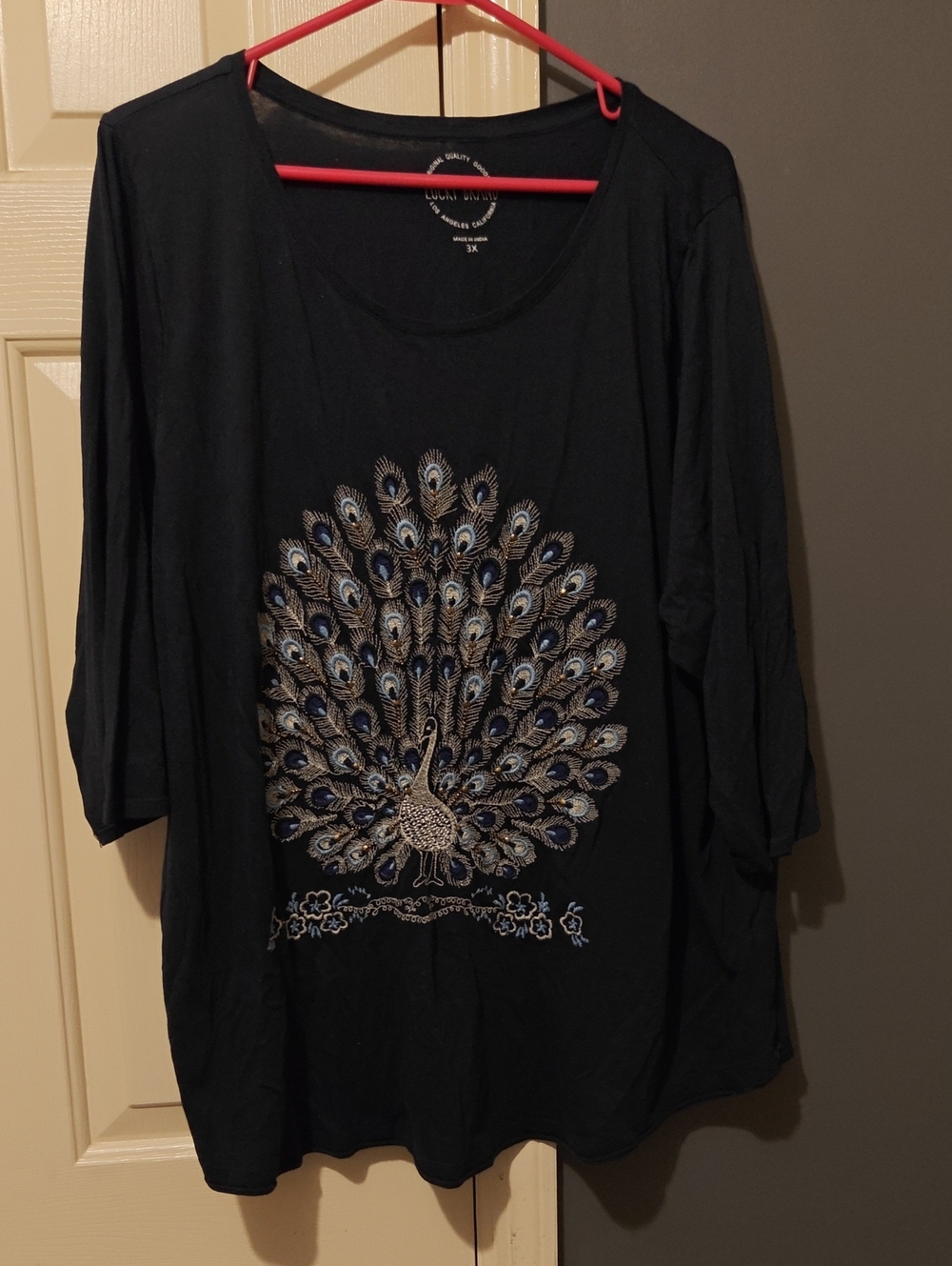 Lucky Brand Black Long Sleeve Top with Embellished Peacock Motif